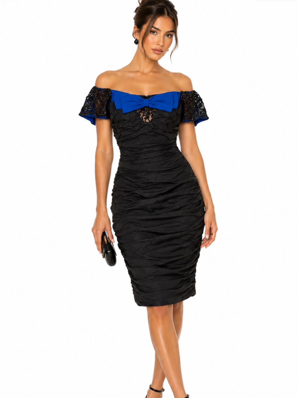Neiman Marcus Vintage 90's Black & Blue Ruched Cocktail Dress — image 2 of 5